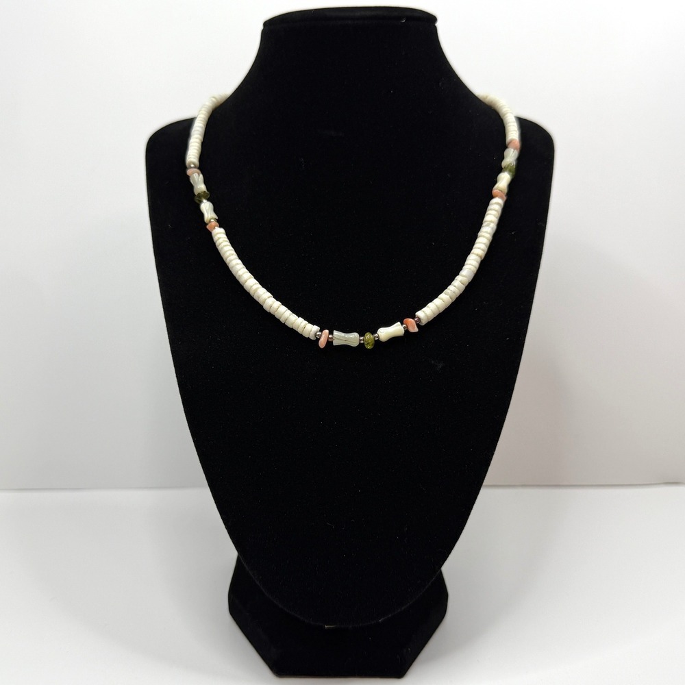 Heishi Shell Collar Necklace Beads Coral Olive Green Gemstone Fashion Jewelry